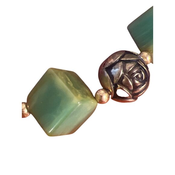 Vintage Bakelite Green Moss Square Bead Choker Collar Necklace Gold Tone Rose - Picture 2 of 5